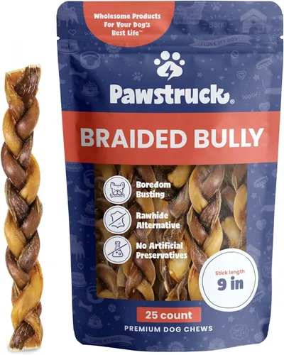 Miniatura 20 de Pawstruck Bully Sticks trenzados 100% naturales de 5 pulgadas, bolsa de 1 libra, masticables para perros de un solo ingrediente sin cuero crudo