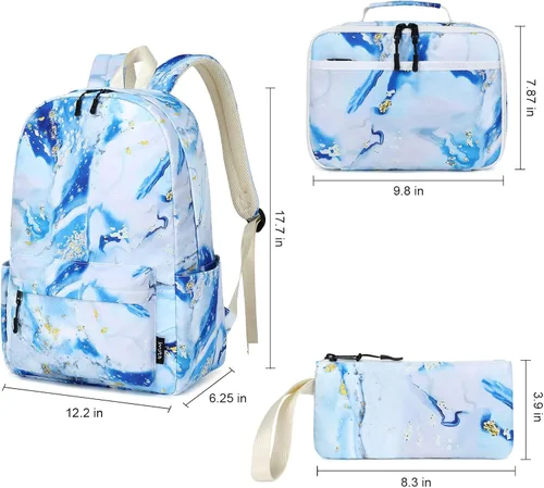 Miniatura 2 de Imyth Mochila para adolescentes y niñas, regalo escolar, bolsa de almuerzo, bolsa de lápices 3 en 1 (azul mármol)