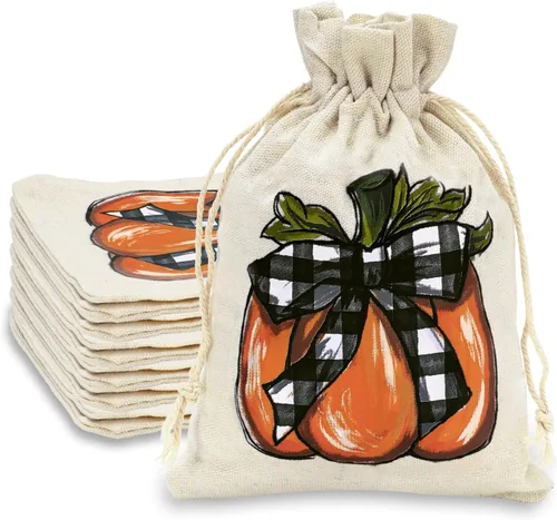 Whaline Paquete de 24 bolsas de arpillera de otoño, bolsas con cordón de calabaza, bolsas de regalo de calabaza a cuadros de acuarela, bolsa de
