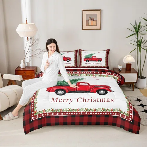 Miniatura 24 de Juego de edredón de Feliz Navidad para niños, tamaño twin, juego de ropa de cama de camión rojo árboles de pino copos de nieve, decoración