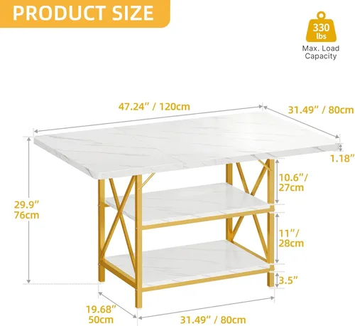 Miniatura 2 de DWVO Mesa de comedor rectangular de 47 pulgadas para 4 personas, mesa de cocina moderna de mármol blanco con estante de almacenamiento y patas