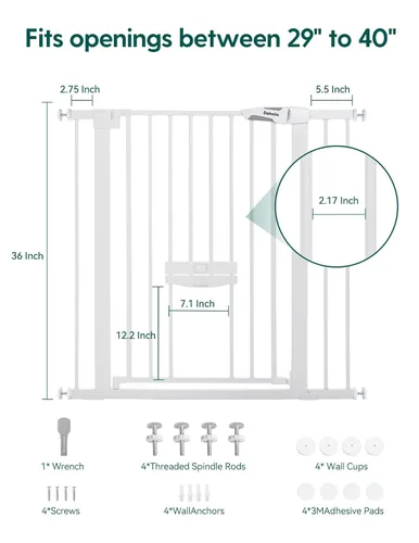 Miniatura 7 de BABELIO Puerta de bebé extra alta de 36 pulgadas con puerta para gatos, puerta de metal para perros de 29 a 40 pulgadas, puerta para gatos