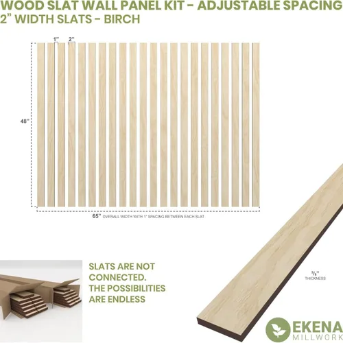 Miniatura 2 de Ekena Millwork Kit de panel de pared de listones de madera ajustables de 47 pulgadas de alto x 3/8 pulgadas de alto, con listones de 2 pulgadas