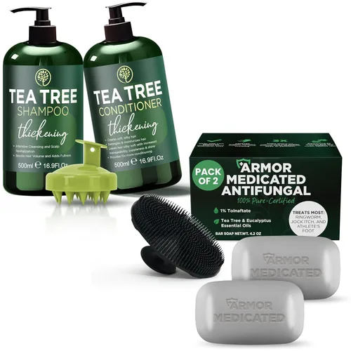 Juego de champú y acondicionador de árbol de té + jabón antifúngico con depurador | Tratamiento de caspa, alivio de picazón en el cuero cabelludo,