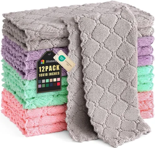 Homaxy - Paquete de 12 trapos de cocina (10 x 10 pulgadas, multicolor), de terciopelo coral, supersuaves y absorbentes, de secado rápido, paño de