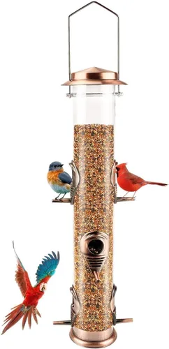 Miniatura 16 de MIXXIDEA 1PK Alimentadores de pájaros metálicos con 6 puertos de alimentación, alimentador de pájaros de tubo con colgador de acero, alimentador