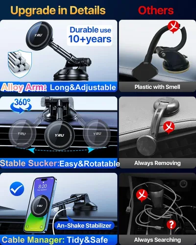 Miniatura 4 de YRU Soporte magnético mejorado para teléfono para automóvil, patentado y súper imán: para montaje MagSafe, tablero de instrumentos, soporte