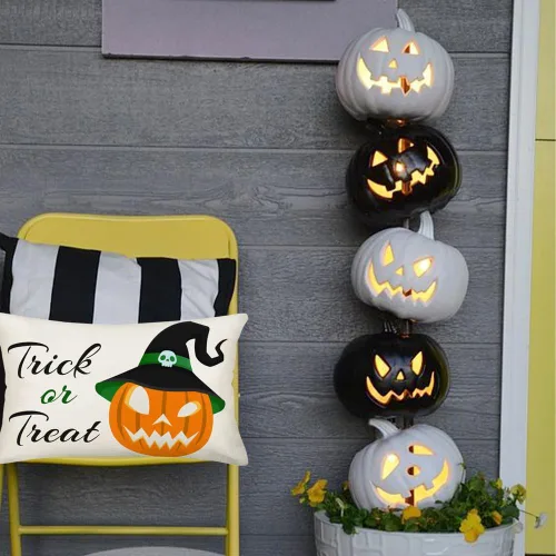 Miniatura 2 de Fundas de almohada de Halloween de truco o trato, de lino y algodón, calabaza espeluznante con sombrero de bruja, letrero de calavera de 12 x 20