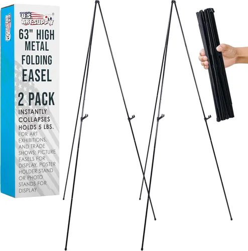 U.S. Art Supply Caballete plegable de metal de 63 pulgadas de alto (paquete de 2) – Altura ajustable, se pliega instantáneamente, soporta 5 libras –