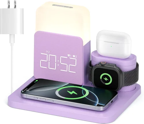 Estación de carga inalámbrica, soporte de carga inalámbrica 7 en 1 con reloj de alarma dual, base de carga para iPhone Púrpura