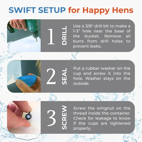 Miniatura 9 de Lil Clucker - Vasos de agua automáticos grandes azules adecuados para patos, gansos, pavos y conejos, kit de alimentador de agua, bebedero para aves
