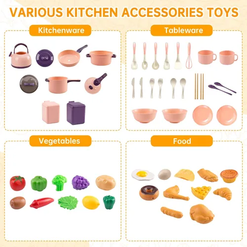 Miniatura 4 de 60 piezas de accesorios de cocina de juego para niños, juego de cocina de simulación con ollas y sartenes, vajilla y conjuntos de frutas y barbacoa
