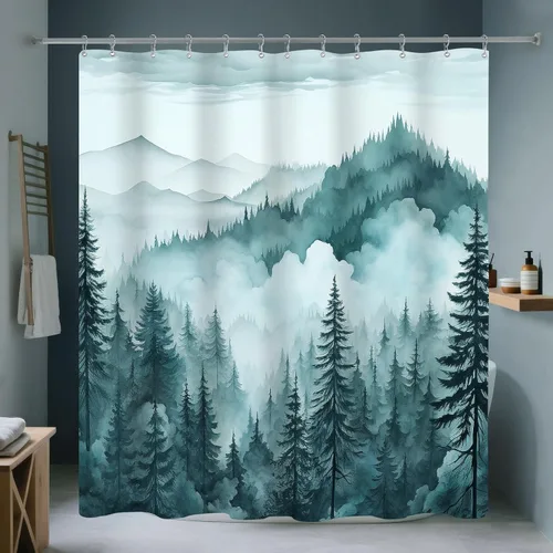 Miniatura 14 de Cortina de ducha pequeña de 36 x 72 pulgadas, cortina de medio tamaño de bosque brumoso, cortina de ducha estrecha mitad negra y blanca de montaña