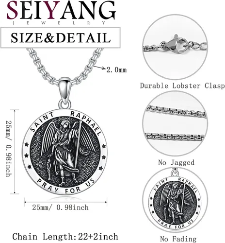 Miniatura 2 de Seiyang Collar de plata de ley 925 con medalla de amuleto para hombres y mujeres con cadena Rolo de 0.098 in, 22 pulgadas + 2 pulgadas