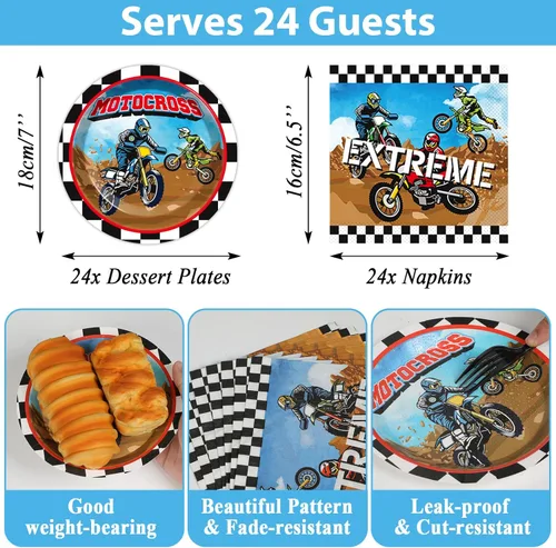 Miniatura 2 de Suministros para fiesta de cumpleaños de motocross sirve para 24 platos de papel para fiesta de motocicleta, juego de servilletas, mantel