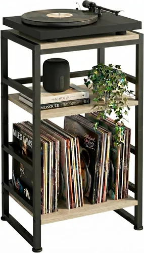 Soporte para tocadiscos de vinilo de 3 niveles, mesa auxiliar para almacenamiento de álbumes, soporte para tocadiscos de 28 pulgadas de alto con