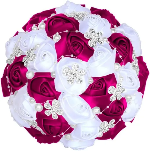 Miniatura 9 de Sharebeauty Ramo de novia de satén hecho a mano de 5.9 pulgadas, ramo de boda, ramo de flores artificiales, color azul claro + blanco W224