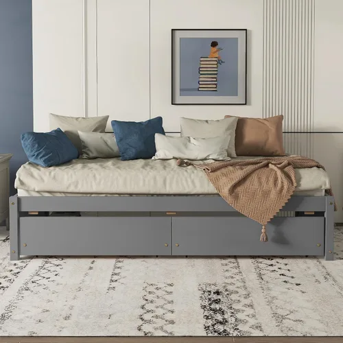 Miniatura 3 de HomSof Cama individual con 2 cajones, madera maciza, no necesita somier, gris