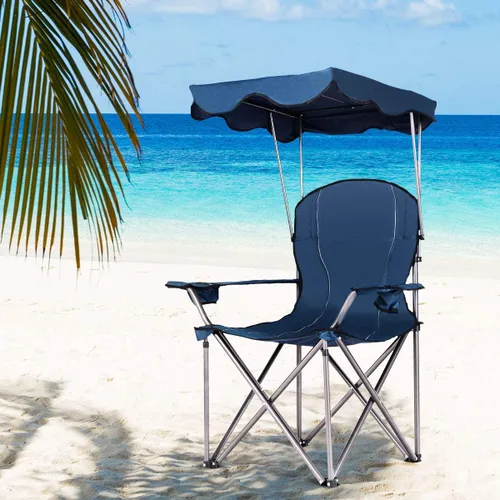 Miniatura 2 de Goplus Silla de camping con toldo plegable, con soporte para sombrilla y bolsa de transporte, silla portátil para adultos para playa, viajes al aire
