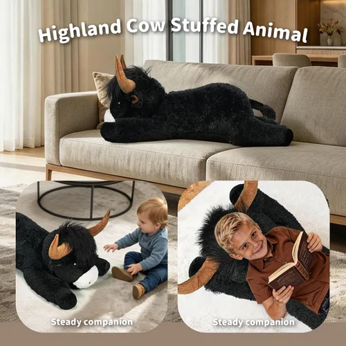 Miniatura 5 de Peluche de vaca gigante de las tierras altas de 39 pulgadas, juguete de peluche de ganado grande para niños y adultos, almohada de peluche esponjosa
