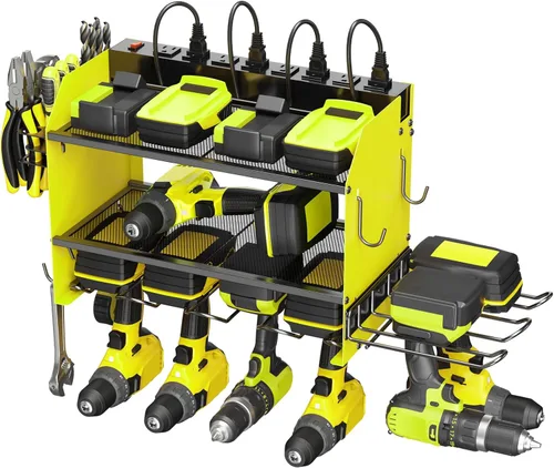 Miniatura 4 de CCCEI Organizador modular de herramientas eléctricas, estación de carga de montaje en pared, soporte amarillo para 6 taladros con regleta