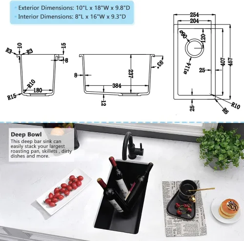 Miniatura 6 de Fregadero de barra negro Undermount-VASOYO - Fregadero de cocina pequeño de 10 x 18 pulgadas, fregaderos de cocina para exteriores, para caravana