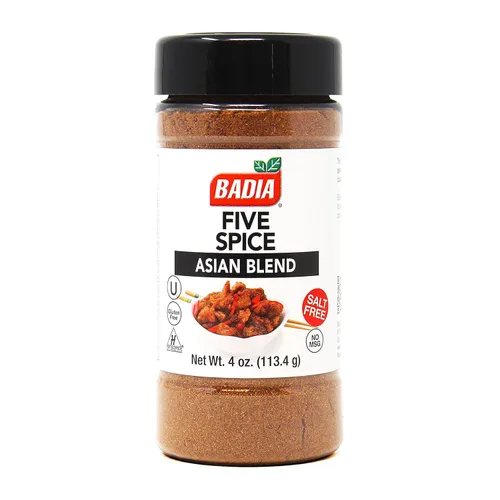 Badia Five Spice Asian Blend, 4 onzas, sabor aromático dulce, mezcla asiática de anís, clavo, canela, hinojo y jengibre, sin sal, sin gluten