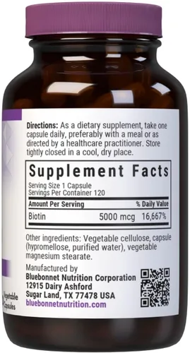 Miniatura 2 de Bluebonnet Nutrition Biotin 5000 mcg, soporte para el cabello y las uñas*, sin OMG, vegano, certificado Kosher, sin gluten, sin soja, sin lácteos