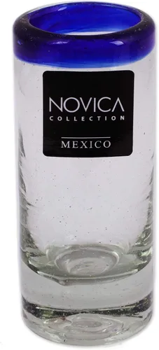Miniatura 4 de NOVICA Artisan - Vasos de chupito de vidrio reciclado, soplados a mano, con borde azul transparente, 2 onzas, 'Tequila Blues' (juego de 6)