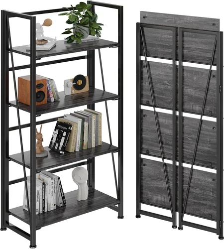 BHG Estantería plegable multifuncional vintage, soporte para plantas sin montaje, estantes de almacenamiento para oficina en casa (gris, 4 niveles)