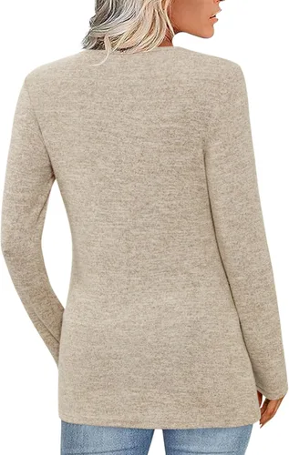 Miniatura 2 de FMEYOA Blusa casual de manga larga para mujer, para usar con leggings, cuello en V, con botones, estilo casual