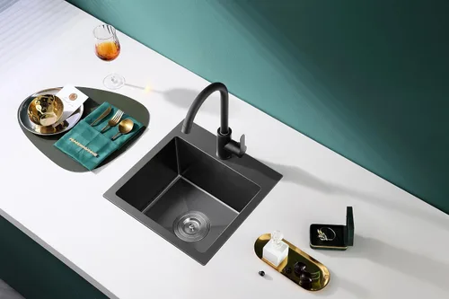 Miniatura 2 de Fregadero de barra empotrable de 13 × 15 pulgadas negro - Fregadero de cocina pequeño de montaje superior de un solo cuenco, hecho a mano de acero