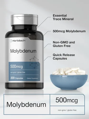 Miniatura 4 de Horbaach Suplemento de molibdeno 500mcg 200 cápsulas Quelato de aminoácidos Sin OMG, sin gluten