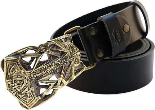 Miniatura 5 de Leather belt with buckle Thor's Hammer, Scandinavian Old Norse Viking Mjolnir solid brass belt buckle on belt