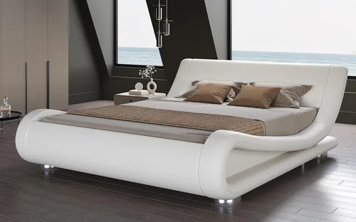 SHA CERLIN - Marco de cama tamaño Queen tapizado, de perfil bajo con diseño de trineo y cabecero ergonómico de piel sintética, sin necesidad de