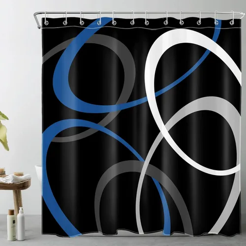 Miniatura 14 de EOBTAIN Cortina de ducha con patrón geométrico azul para baño, cortina de ducha abstracta gris y blanca sobre tela negra con 10 ganchos, cortinas