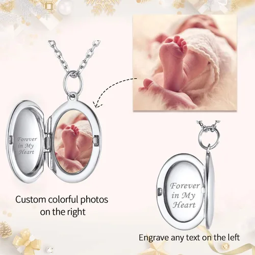 Miniatura 3 de ChicSilver Collar con colgante de medallón ovalado personalizado, plata de ley 925, chapado en oro de 18 quilates, collar de foto personalizado