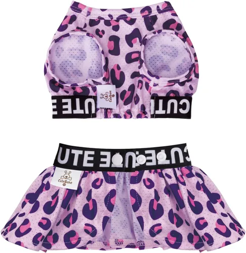 Miniatura 8 de CuteBone Vestido deportivo de dos piezas para perros Athleisure con estampado de leopardo, falda rosa para cachorros, ligera, para perros pequeños