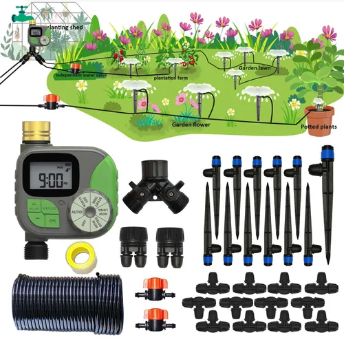 Kit de riego por goteo de 64 pies con temporizador de jardín, sistema de riego de plantas con boquillas de chorro de tubería y temporizador de agua,