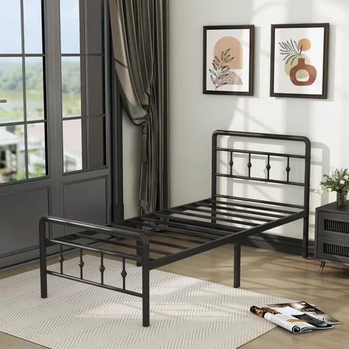 Miniatura 7 de DiaOutro Base de cama clásica de metal con cabecero y estribo, 16 pulgadas, no necesita somier, resistente estilo victoriano, base de Negro mate