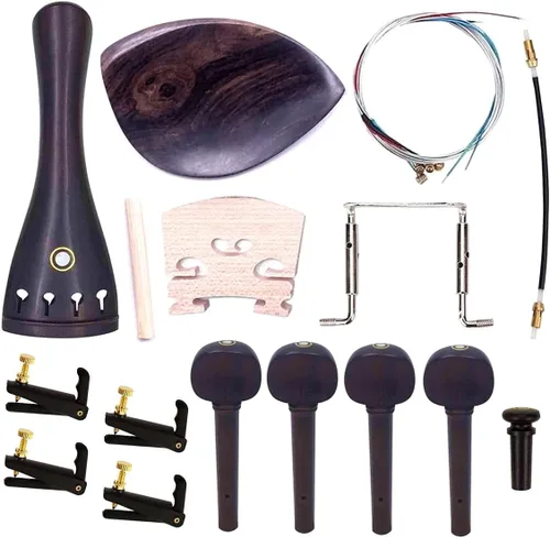 Kit de accesorios para violín TUOREN tamaño 4/4 completo: puente, cordal, clavijas de afinación, afinadores, botón, cejilla, cuerda y reposacabezas.