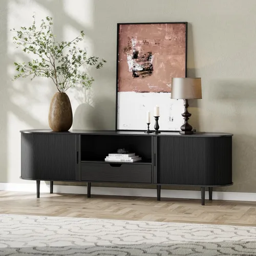 Miniatura 8 de DHH 71" Fluted TV Stand with Power Outlet for TVs up to 80", TV Console with Adjustable Shelves and Sliding Door,Mid Century Modern Entertainment