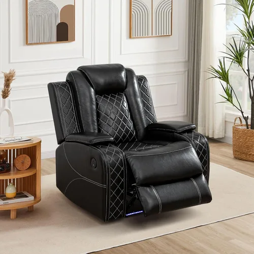 Miniatura 9 de Juego de sofá reclinable eléctrico, sofás reclinables de cuero negro, 3 piezas de sofá reclinable de cuero de aire y silla de dos plazas con luces