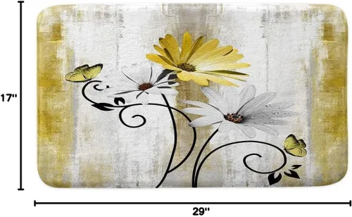 Miniatura 2 de Tapete de baño rústico de granja, diseño de margaritas amarillas, flores y mariposas, alfombra de baño de madera para baño, alfombra de baño suave