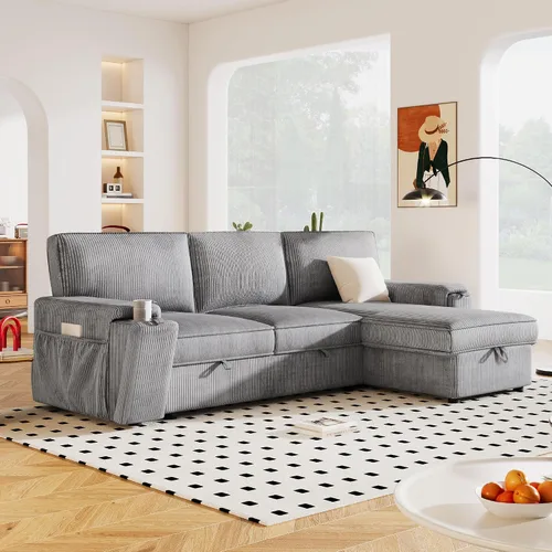 Merax Sofá modular suave tapizado de 92 pulgadas con bolsas de almacenamiento y 2 portavasos ocultos en los brazos para sala de estar, gris, negro
