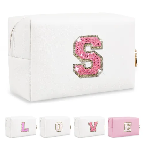 Miniatura 351 de Pequeña bolsa de maquillaje personalizada con inicial A-Z Preppy Patch, bolsa de cosméticos de viaje de felpilla blanca con cremallera, bonita bolsa