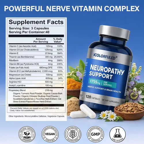 Miniatura 7 de icolorfuled Suplementos de neuropatía, salvador de nervios para neuropatía con 600 mg de ácido alfa lipoico y vitaminas B, fortalecen los nervios