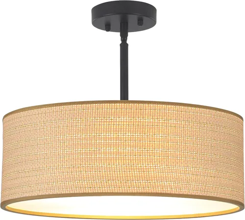 Rattan Sloped Ceiling Light, 16.53" Woven Semi Flush Mount | Boho Fabric Drum Shade, Pendant Lighting, for Dining Room, Foyer, Living Room, Hallway,