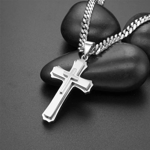 Miniatura 4 de WW Lifetime - Collar de cruz para hombres y niños, collar con colgante de cruz doble de acero inoxidable con cadena de eslabones cubanos de 24
