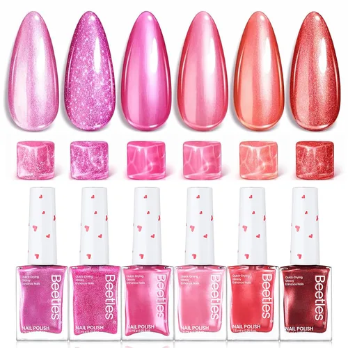 Miniatura 19 de Beetles - Esmalte de uñas rojo: juego de 6 esmaltes de uñas con brillantina, color rojo burdeos brillante, de secado rápido y de larga duración